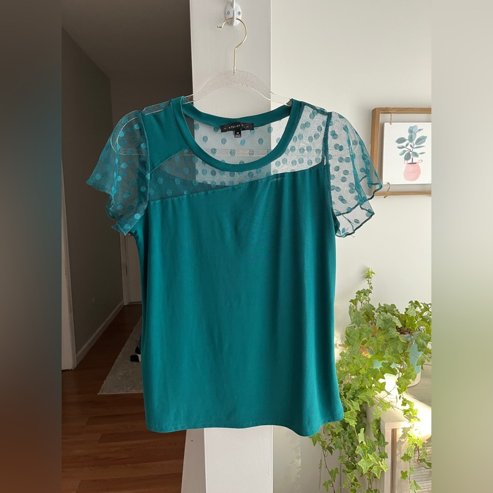 ATELIER 29 Green Sheer Polka Dot Short Sleeve Blouse